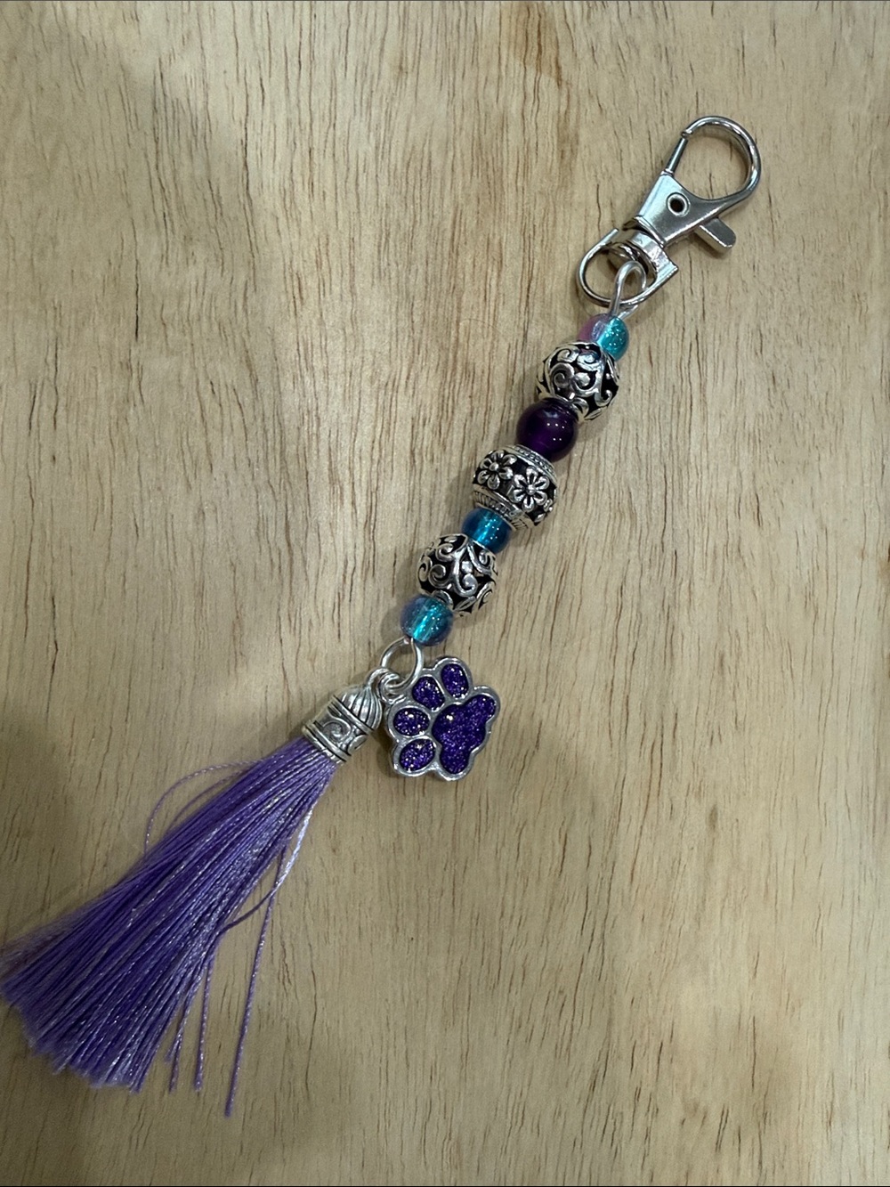 Purple Tassel Paw Bead Keychain with Silver Accents - Picture 5 of 8